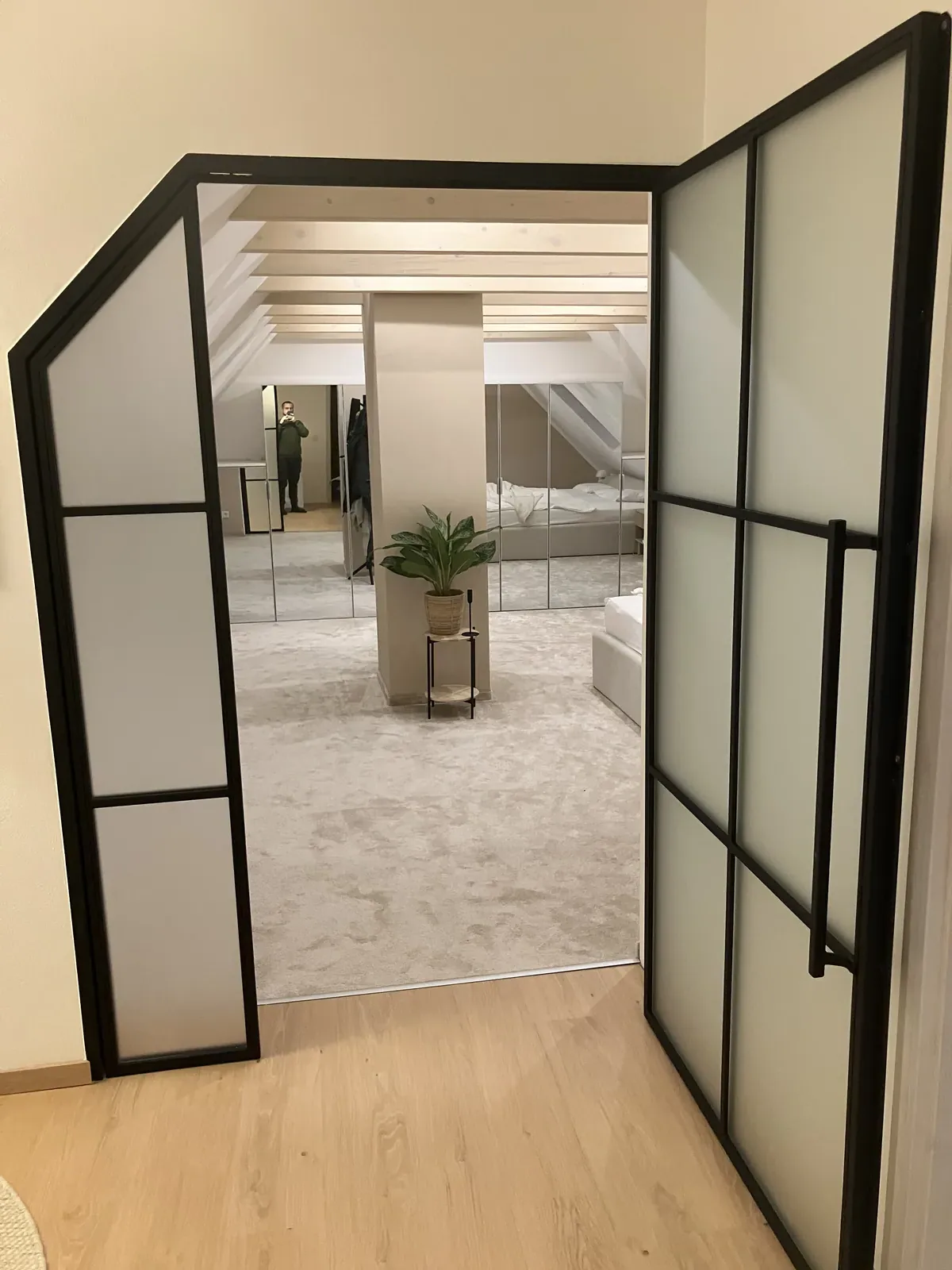 Lofttür mit Milchglas in einer Dachgeschoss-Installation